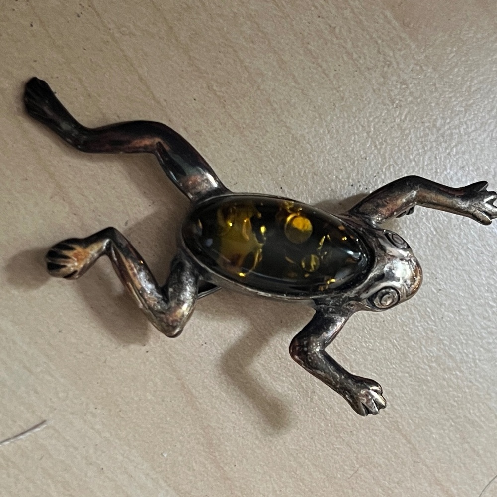 Sterling Silver and Amber Frog Brooch